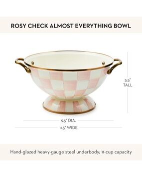 MacKenzie-Childs Pink and Cream Check Pedestal Serving Bowl with Gold Handles